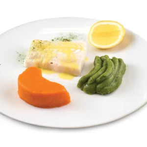 Shape It Steamed White Fish pureed with lemon butter sauce, served with pureed green beans and sweet potato.