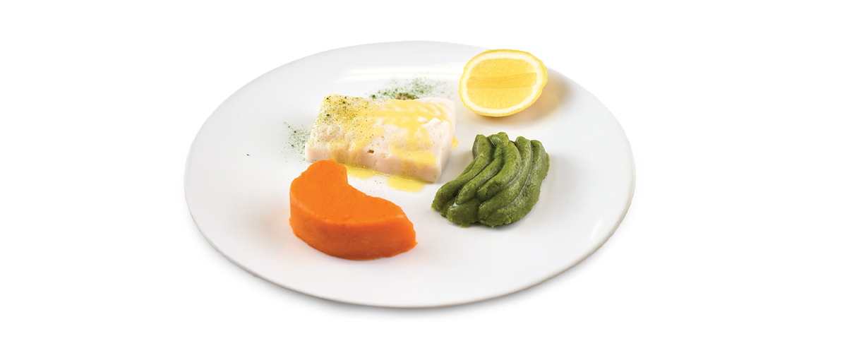 Shape It Steamed White Fish pureed with lemon butter sauce, served with pureed green beans and sweet potato.